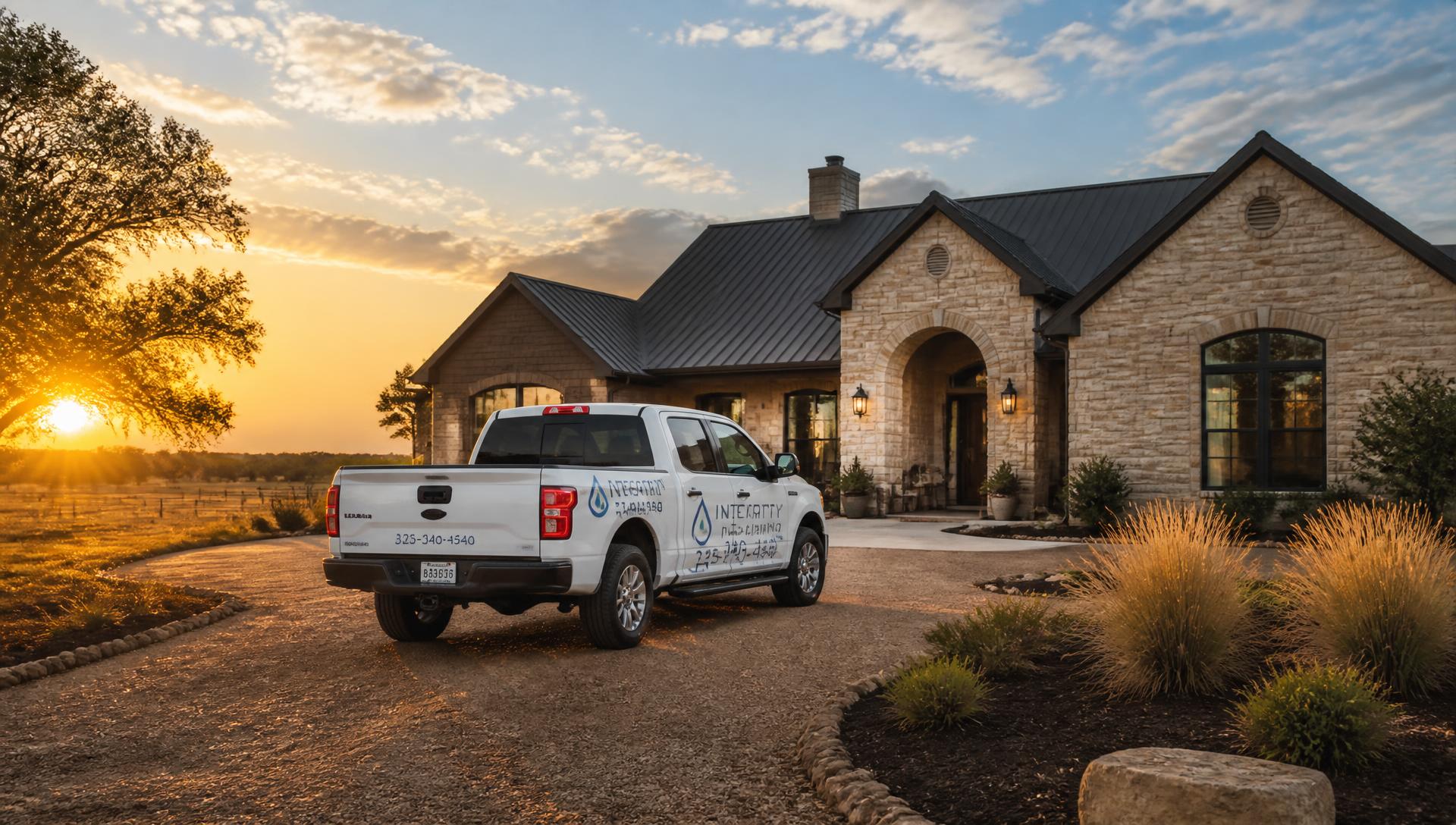 Texas ranch-style home with a North Texas plumber service truck in the driveway