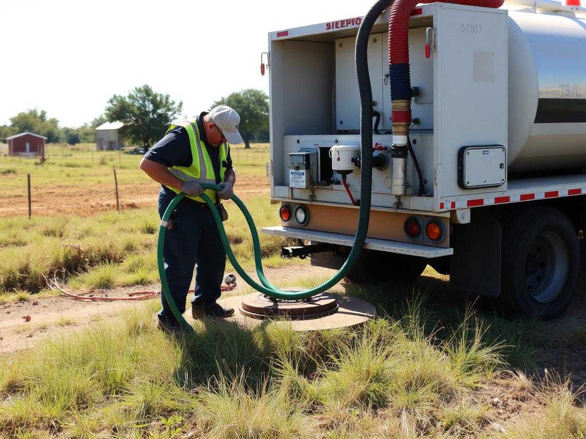 Septic pumping truck servicing a rural Fannin County, TX septic tank