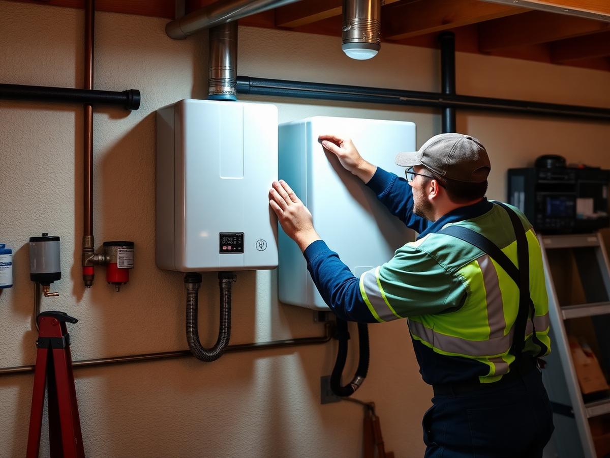 Technician installing a tankless water heater for a Collin County homeowner